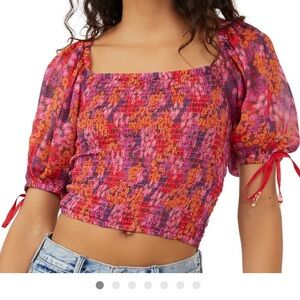 Free People Back On Top Hot Pink Ditsy Floral Puff Sleeve Top NWT XS NWT
